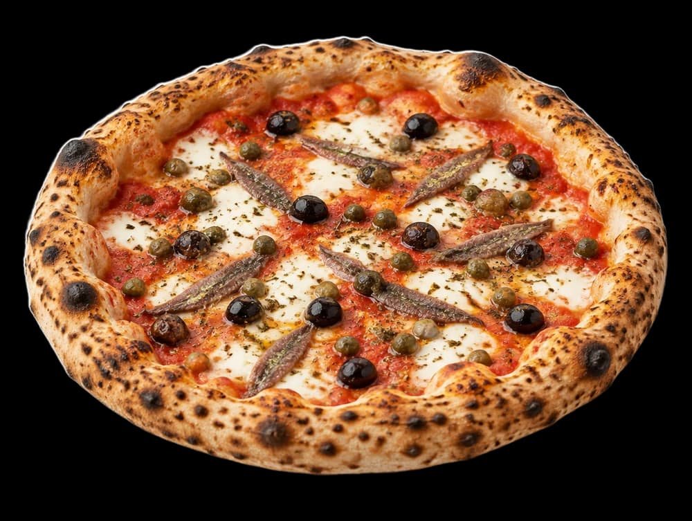 En napolitansk pizza med ansjovis, kapris och svarta oliver
